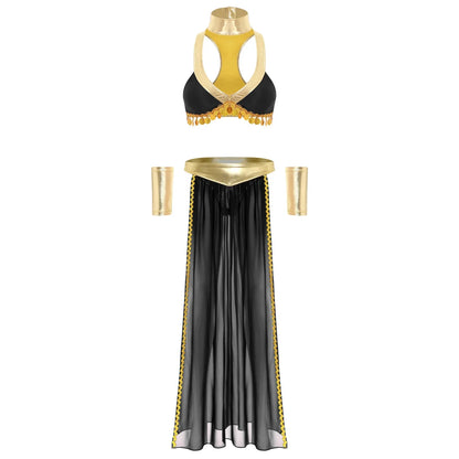 Women Halloween Cleopatra Ancient Egyptian Queen Sun Goddesses Cosplay Costume Crop Top with Skirt Choker Cuffs Belly Dance Set