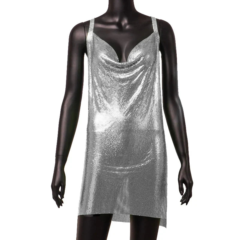 Women's 90s Rave Glitter V-Neck Lace-Up Sequin Mini Dress Y2K Clubwear Sexy Backless Bodycon with Metal Detail for Party
