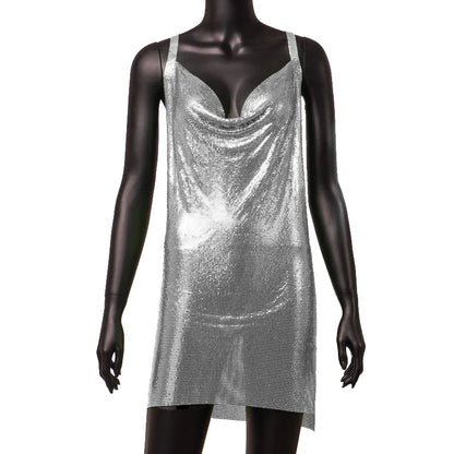 Women's 90s Rave Glitter V-Neck Lace-Up Sequin Mini Dress Y2K Clubwear Sexy Backless Bodycon with Metal Detail for Party