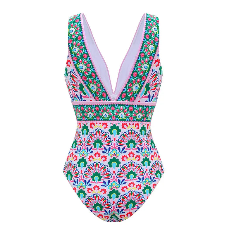Cikini Deep V Floral Print Beach Resort One-Piece Swimsuit Set Summer Beach Swimwear Bathing Suit For Women