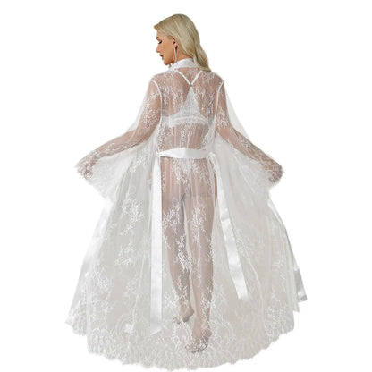 Women's Sexy Sheer Lace Robe Lingerie Long See Through Kimono Lingerie Dress Lace Gown Sleepwear