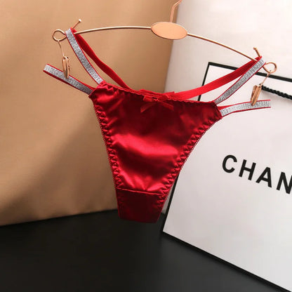 Sexy Silk Satin Thongs Hollow Out Fashion Solid Color Panties Cotton Crotch Low Waist Breathable Pure Color Women's Underwear
