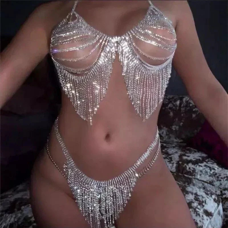 Wholesale Sexy Rhinestone Chain Body Lingerie Set Heart Body Jewelry for Women Fashion Bikini Underwear Bling Crystal Bra Thong