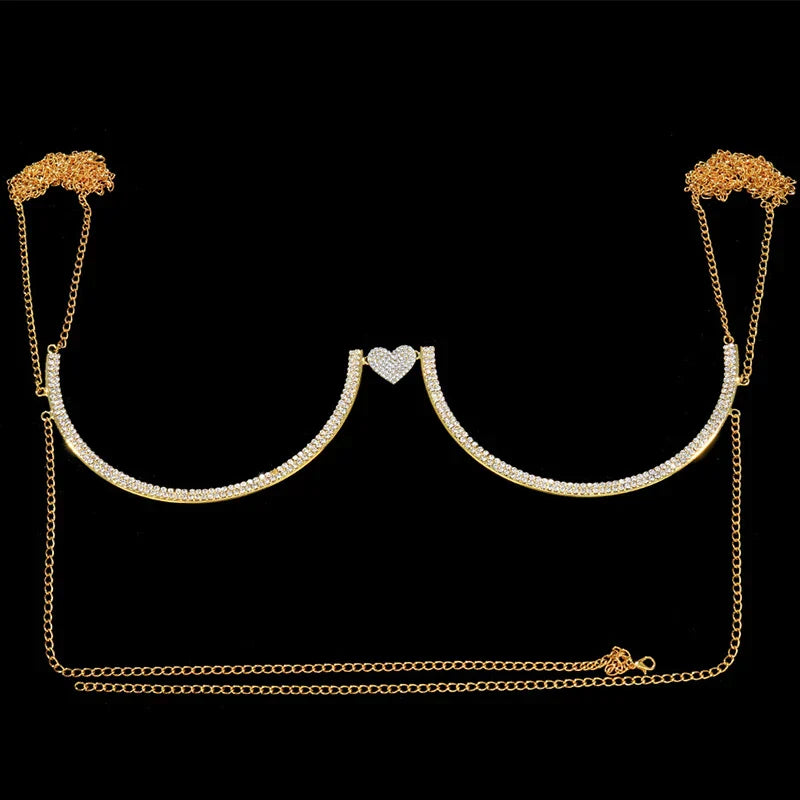 Stonefans Heart Rhinestone Chest Bracket Body Jewelry Bra Chain For Women Chain Top Bikini Halter Bra New Banquet Breast Support