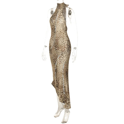 Cryptographic Fashion Halter Leopard Sexy Backless Maxi Dress Women Club Outfits Bandage Embellished Long Dresses Robe Clothes