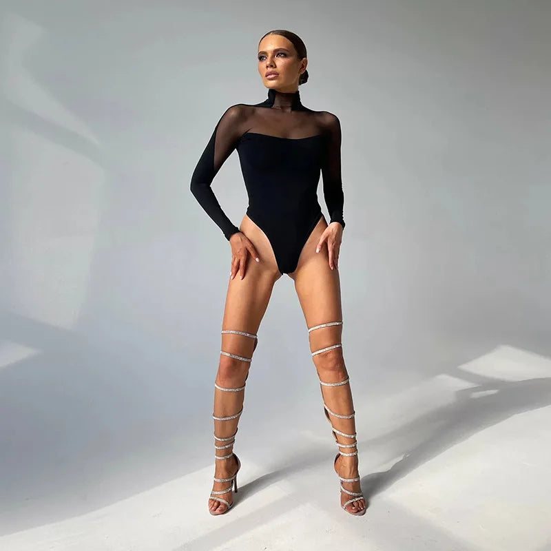 2025 Patchwork See Through Mesh Bodysuit Women's Sexy Long Sleeve Turtleneck Jumpsuit Chic Elegant High Waist Tops Bodysuits