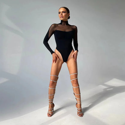 2025 Patchwork See Through Mesh Bodysuit Women's Sexy Long Sleeve Turtleneck Jumpsuit Chic Elegant High Waist Tops Bodysuits