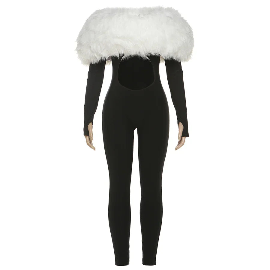 Weird Puss Furry Slash Neck Jumpsuits Woman Luxury Hipster Patchwork Trend Sexy Hollow Stretch Fitness Club Activity Overalls