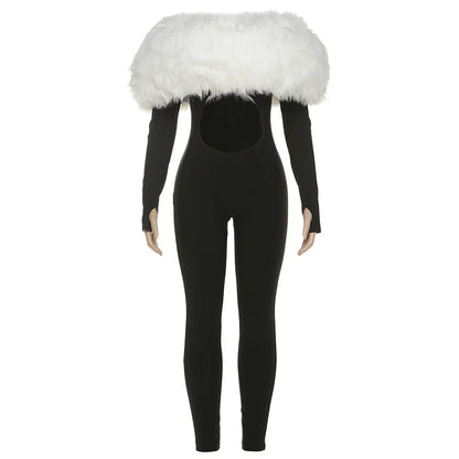 Weird Puss Furry Slash Neck Jumpsuits Woman Luxury Hipster Patchwork Trend Sexy Hollow Stretch Fitness Club Activity Overalls