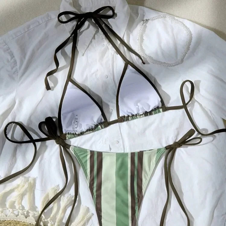 2025 New Bikini Sexy Striped Print Knot Triangle Separate Women's Swimsuit Triangular Split Sexy Swimwear Female Model