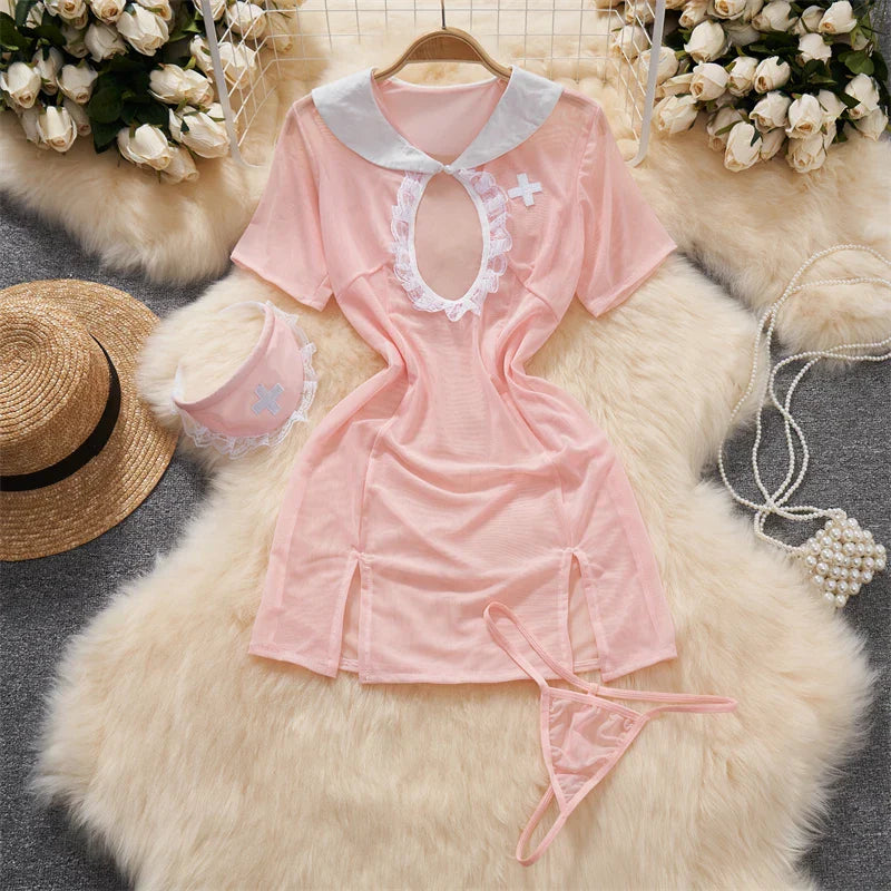 Sexy Lace Gauze Patchwork Strap Bodysuit Hollow Sleeveless Slim backless Women Erotic Lingerie Hotsweet Bow Night Maid Cosplay