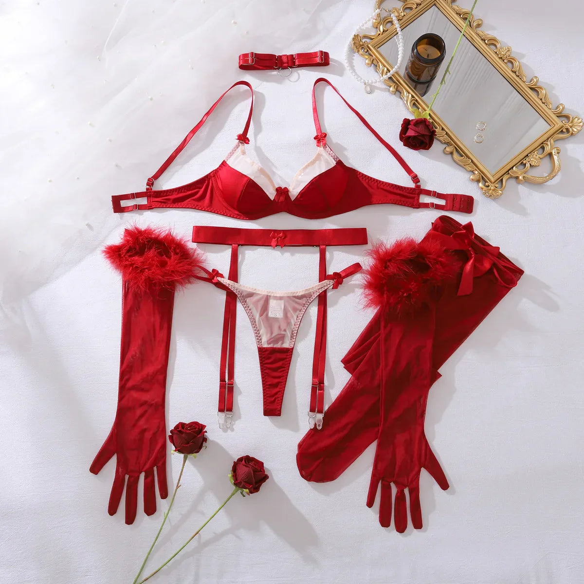 ﻿Christmas Lingerie Set for Women 3 Piece Elegant Bra and Panty with Gloves Stockings Choker Sexy Boudoir Underwear