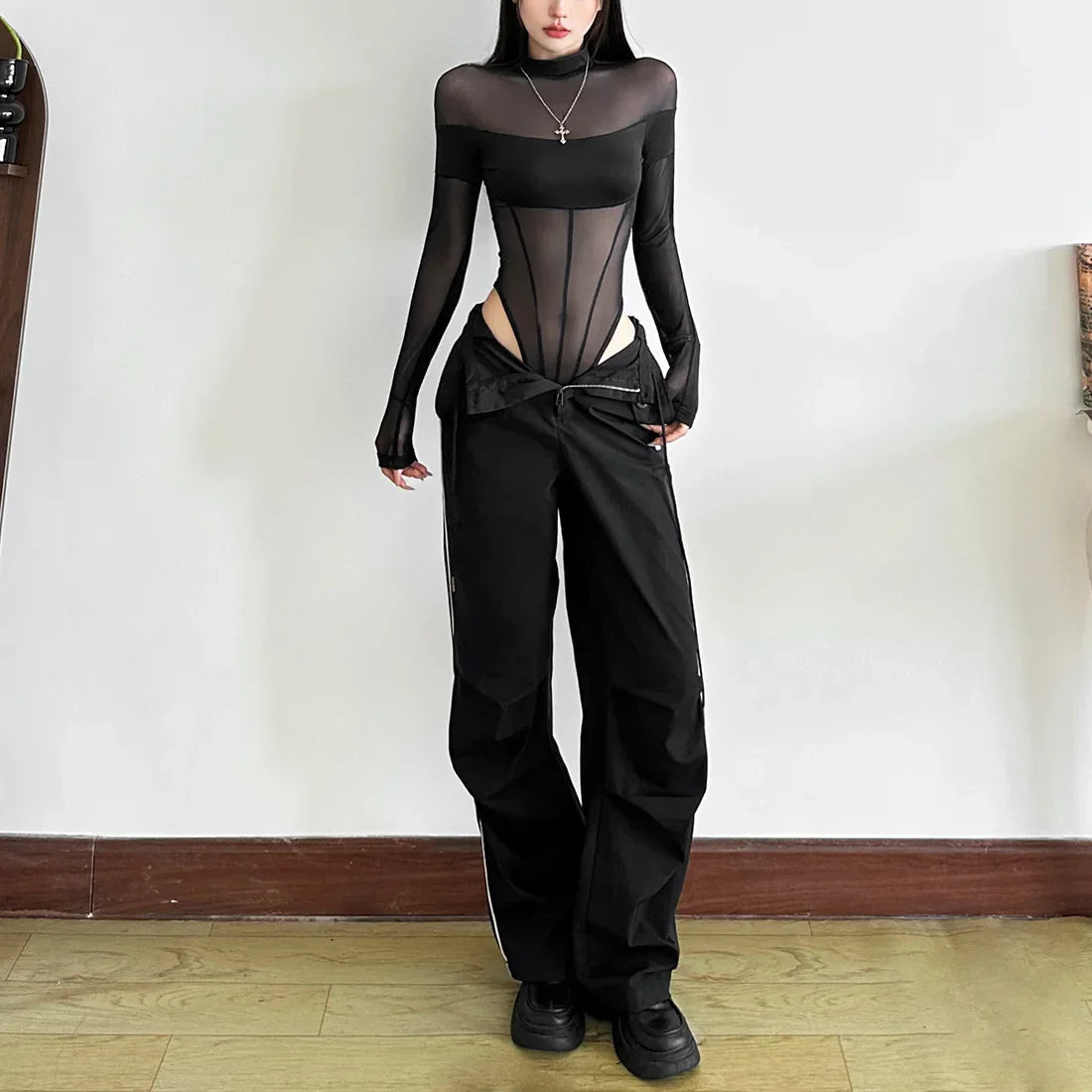See Through Mesh Splicing Sexy Bodysuit Lingerie One-pieces Y2k Clothes Long Sleeve Body Feminino Hot Tops For Women Rave Outfit