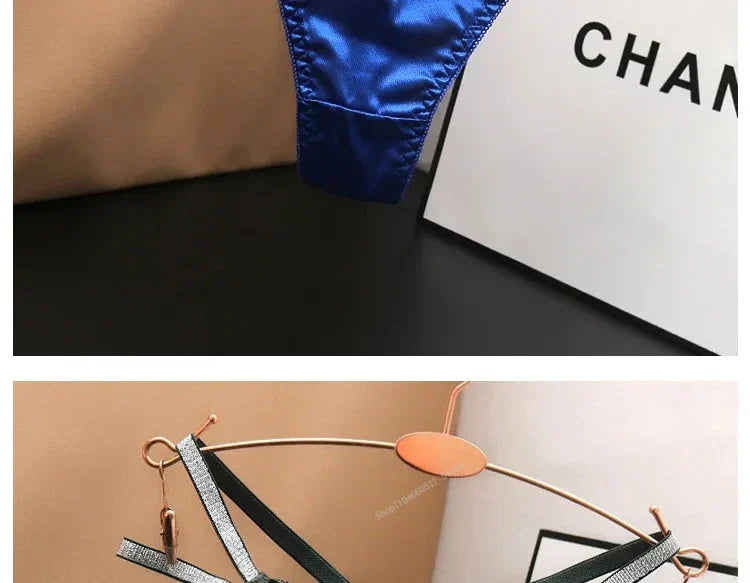 Sexy Silk Satin Thongs Hollow Out Fashion Solid Color Panties Cotton Crotch Low Waist Breathable Pure Color Women's Underwear