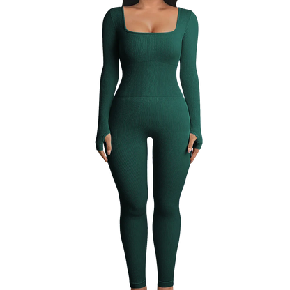 Solid Color Ribbed Yoga Jumpsuit, Seamless Slim Fit Long Sleeve Sports Bodysuit, Women's Activewear