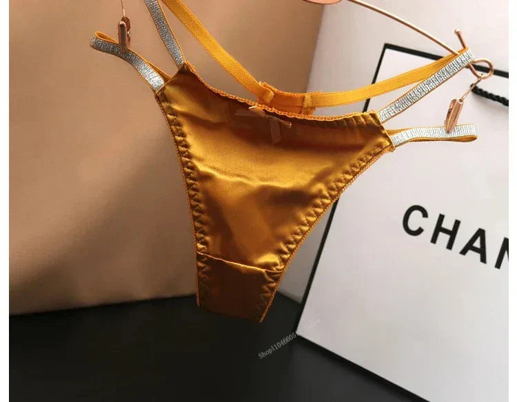 Sexy Silk Satin Thongs Hollow Out Fashion Solid Color Panties Cotton Crotch Low Waist Breathable Pure Color Women's Underwear