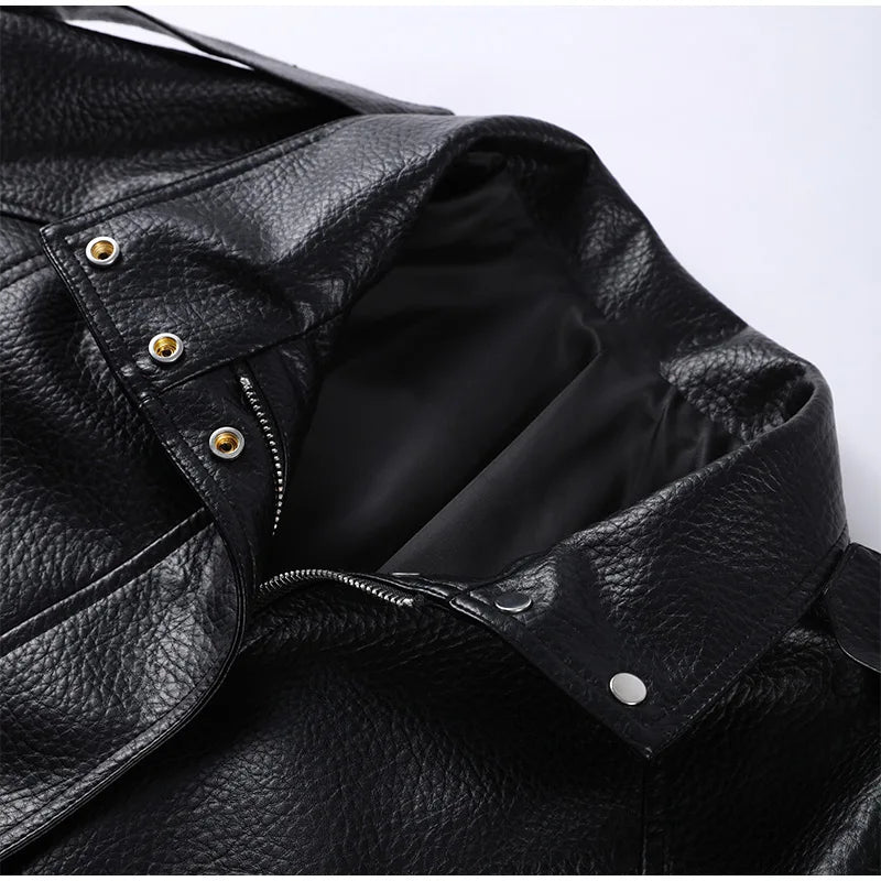 Street Stand Collar Women's Leather Jacket Loose Long Sleeve Zipper Pockets Chic Female Coats 2025 Autumn Winter Lady Outerwear