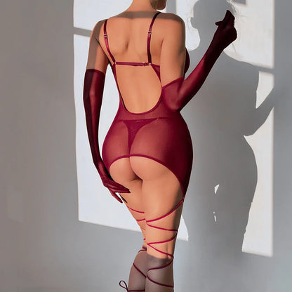 Yimunancy Sheer Mesh Lingerie Set Women 4-Piece Backless Sexy Dress Sexy Erotic Solid Brief Underwer Set Nightwear
