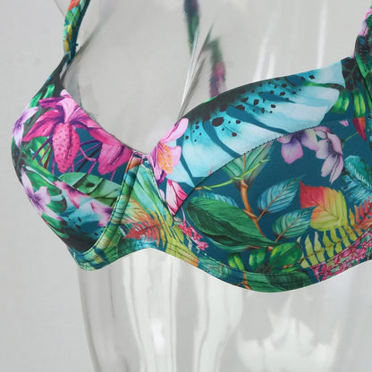 Women'S Swimwear Bikini Sets Normal Swimsuit Backless 2 Piece Green Printing Flower Push Up Girls Swimsuits Beachwear Bathing