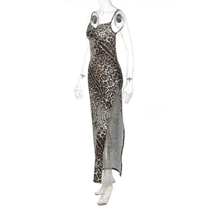 Hugcitar Leopard Print Swing Collar Sleeveless Sexy Maxi Slit Prom Dress Summer Women Fashion Y2K Clothes Party Beach Vacation