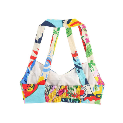 HH Women 2 Piece Set Sexy Sleeveless Backless Print Buttons Mini Sling Top+Elegant High Waist Buttons Beach Midi Skirt