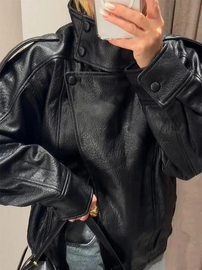 Stand Collar Women's Jacket Full Sleeve Double Button Solid Female Leather Jackets 2025 Autumn Fashion High Street Lady Outwears