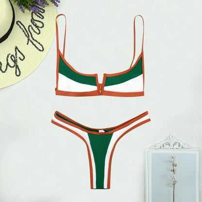 Contrast Vne Open Ba Thong Bikini Women's Patchwork ort Sve Overhead ort Pants Two-Piece Set Polyester Material