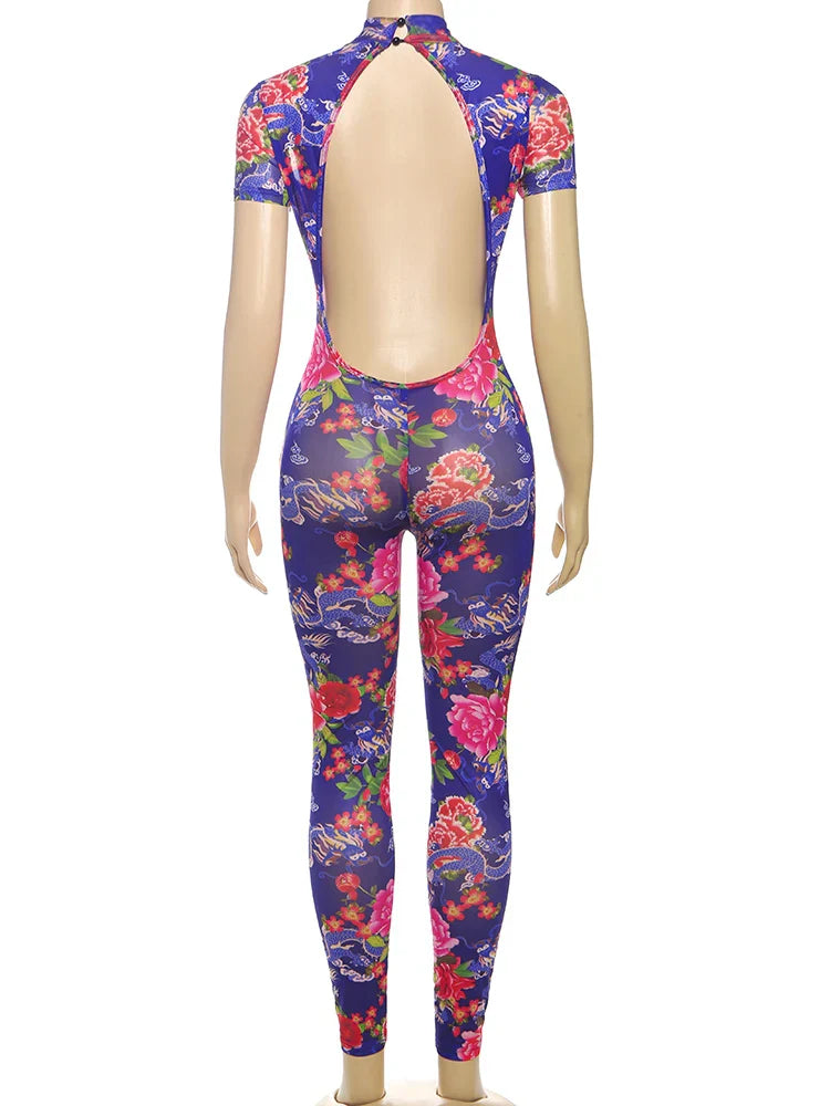kliou Aesthetic Printed Women Jumpsuits Fashion Sexy Panelled Short Sleeve Backless Stand Collar Slim Overalls Mujer Clubwear