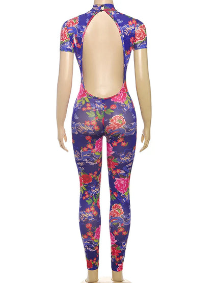 kliou Aesthetic Printed Women Jumpsuits Fashion Sexy Panelled Short Sleeve Backless Stand Collar Slim Overalls Mujer Clubwear