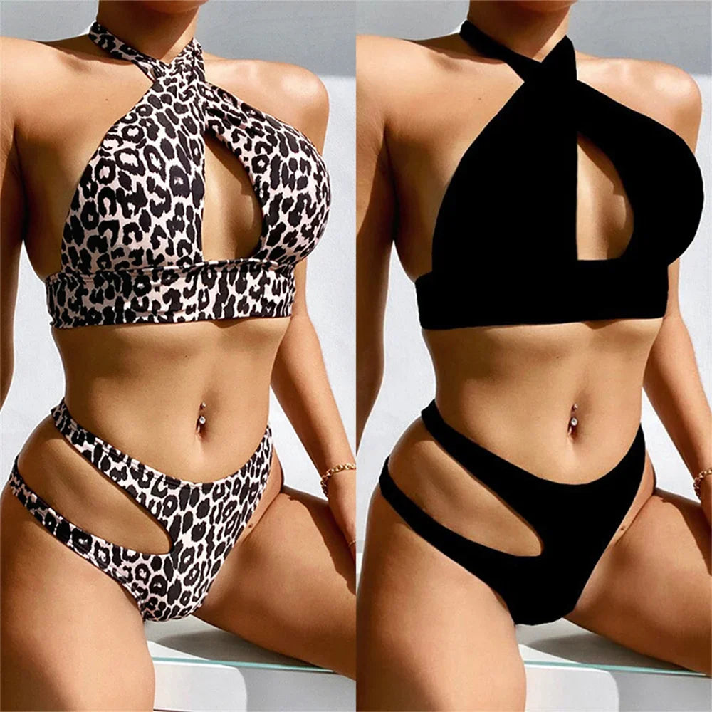 Bikini 2025 Sexy Swimwear Swimsuit Women Leopard Print Black Hollow Bandage Cross Halter Bikinis Set Bathing Suit Bikini Female