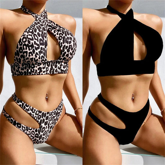 Bikini 2025 Sexy Swimwear Swimsuit Women Leopard Print Black Hollow Bandage Cross Halter Bikinis Set Bathing Suit Bikini Female