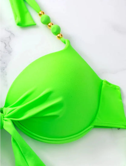 2025 Push Up Halter Bikini Printed Swimsuit Women Sexy Strappy Swimwear Female Bathers Bathing Swimming Swim Suit Beachwear