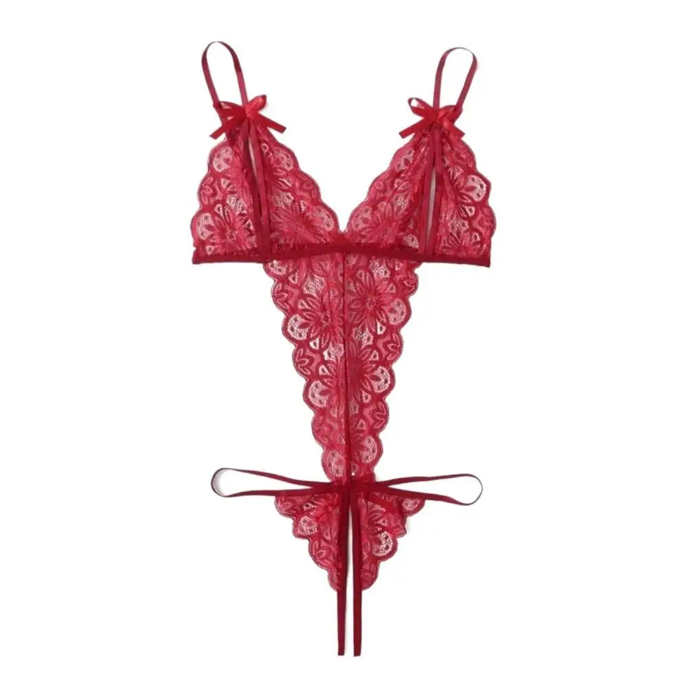 Sweet Deep V Neck Lace Bow Bodysuit Mesh Hollow Transparent Women Lingerie Jumpsuits Sleeveless Lace Sling Nightwear Gifts