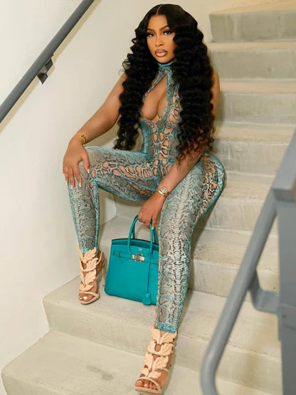 kliou Stunning Snake Print Women Jumpsuits Attractive Halter Stand Collar Hollow Backless Slim Overalls Female Midnight Clubwear