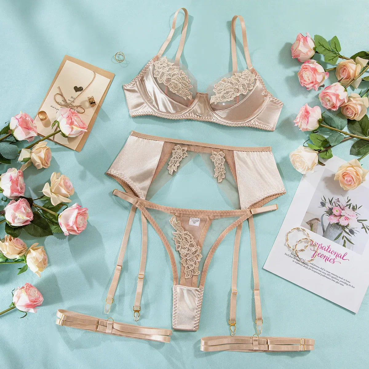 Ellolace Fancy Lingerie Floral Lace Ensemble Brazilian Underwear Attractive Chest Suspenders Sexy Hot Sissy Outfit