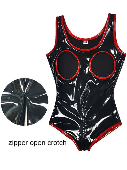 S-5XL Sleeveless Wet Look PVC Catsuit Shiny PU Leather Zipper Open Crotch Bodysuit Hollow Out Swimsuit Tights Sexy Body Teddies