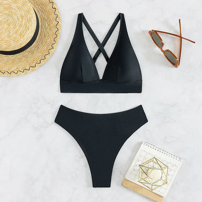Vigoashely 2025 Solid V Neck Push Up Bikini Set High Cut Straps Corss Swimsuit For Women Swimwear 2 Piece Backless Bathing Suit