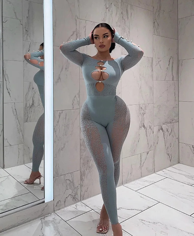 Viral Cheetah Bodysuit Pearl Embellished Mesh Lingerie Seductive Jacquard Catsuit for Women Flirtatious See Through Outfit