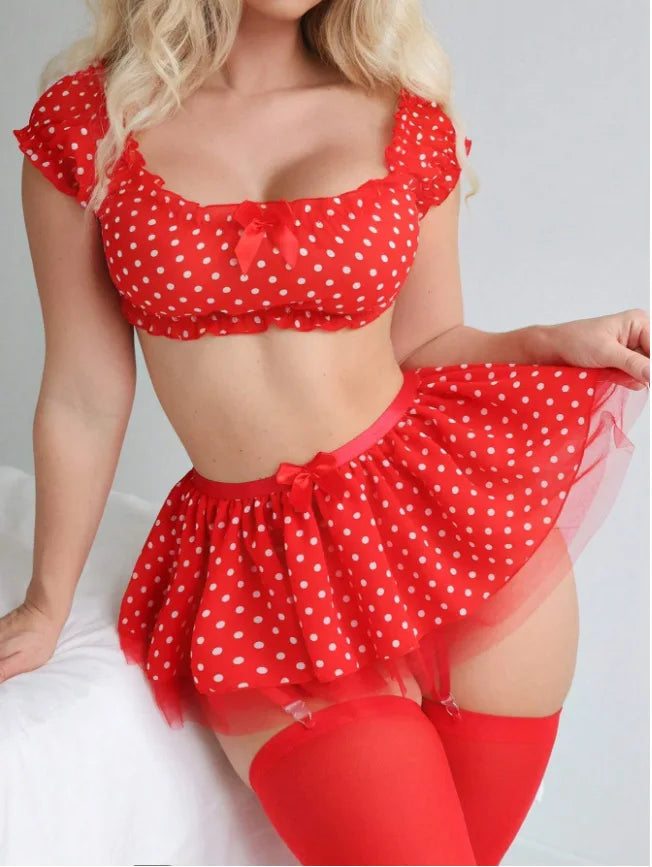 Polka Dot Shoulder Revealing Puffy Skirt 3-piece Sets Sexy Lace Top Skirt Thongs Underwear Suits Romantic Intimate Exotic Sets