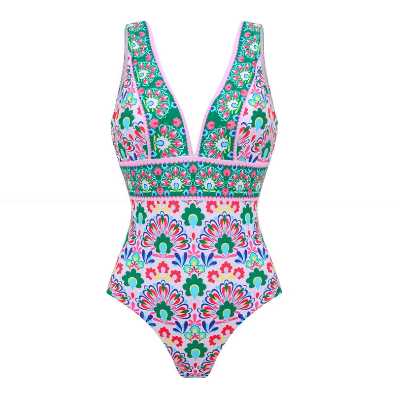 Cikini Deep V Floral Print Beach Resort One-Piece Swimsuit Set Summer Beach Swimwear Bathing Suit For Women