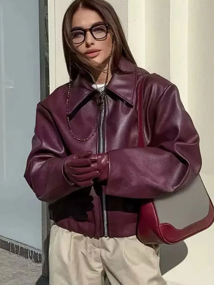 HH Wine Red Faux Leather Jakcet Fashion Outerwear Thicken Zipper Lapel Pu Coats Autumn Winter Streetwear Ladies Tops Women