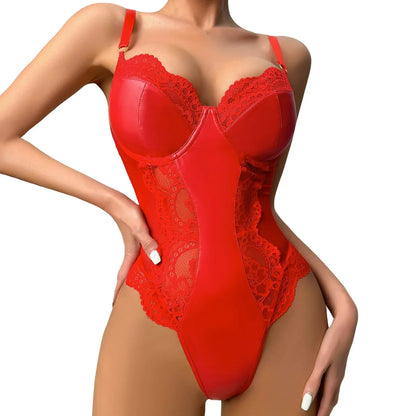 Leather Mesh Patchwork Bodysuit Women Jumpsuit Sexy V Neck Teddy Babydoll Suspender Bodysuit Sexy Underwear Lingerie Catsuits