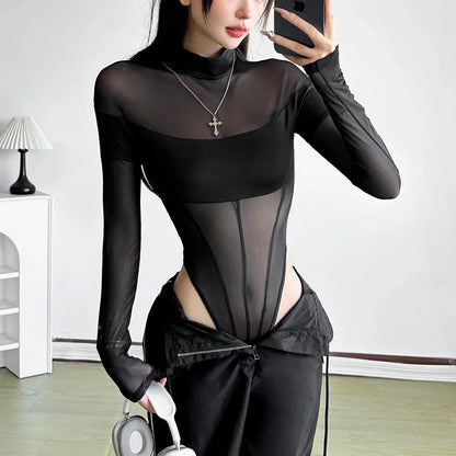 See Through Mesh Splicing Sexy Bodysuit Lingerie One-pieces Y2k Clothes Long Sleeve Body Feminino Hot Tops For Women Rave Outfit