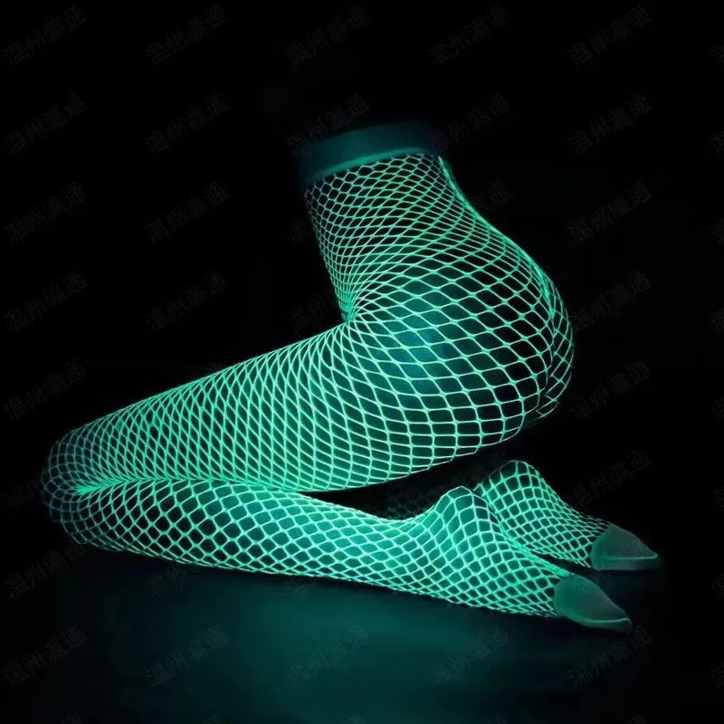 Night Fluorescent Women's Long Socks Fishnet Body Stockings Curve Lingerie Mesh Fabric High Waist Sex Tights Sexy Bodysuits