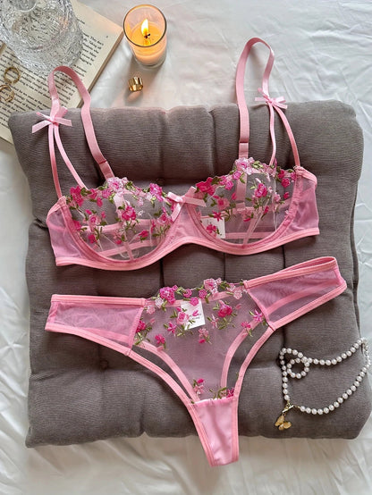 Night Beautiful Sexy Women 2 Piece floral Embroidery Underwear Sexy Erotic lingerie underwear Set