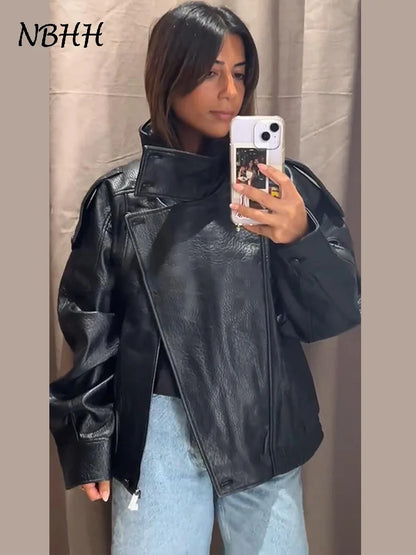 Street Stand Collar Women's Leather Jacket Loose Long Sleeve Zipper Pockets Chic Female Coats 2025 Autumn Winter Lady Outerwear