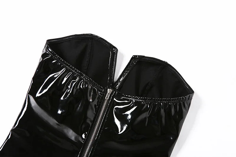SINGREINY Strapless PU Leather Sexy Bodysuits Ladies Zipper Design Bodycon Top Fashion Streetwear Open Crotch Sensual Playsuits