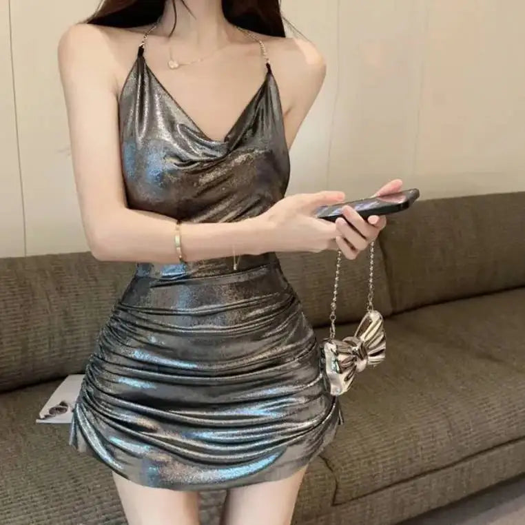 Sliver Mini Dress Sexy Spicy Girl Pile Collar Hanging Neck Bright Open Back Dress Elegant Girl Fashion Sweet