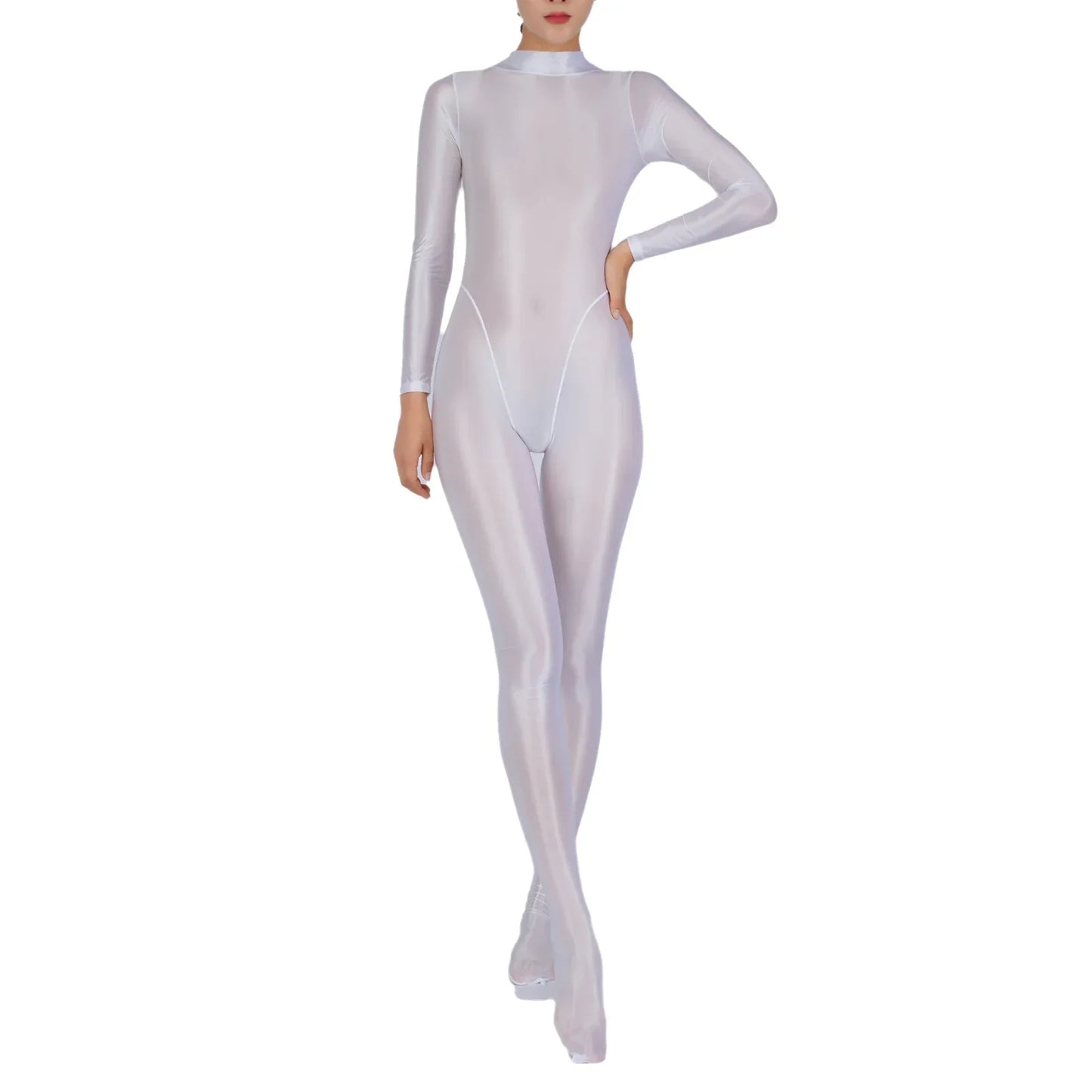 Womens Glossy Full Body Jumpsuit See Through Sheer Catsuits Bodystockings Long Sleeve Footed One Piece Gym Yoga Tights Bodysuit
