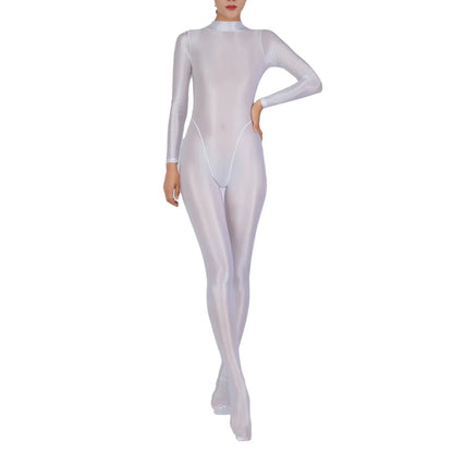 Womens Glossy Full Body Jumpsuit See Through Sheer Catsuits Bodystockings Long Sleeve Footed One Piece Gym Yoga Tights Bodysuit